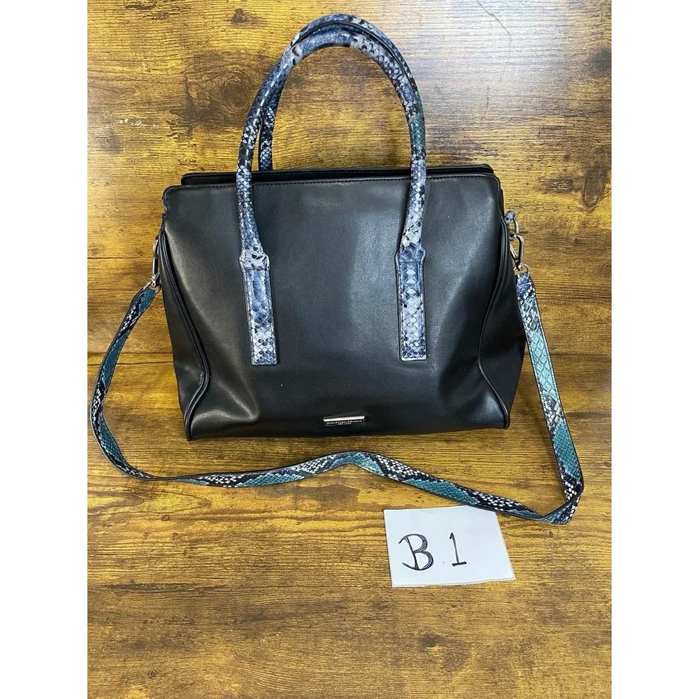 Christian Siriano‎ New York Black Faux Leather Satchel Tote Blue Python B1